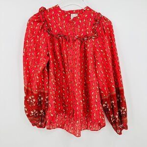 Joie Size Medium Pink Ruffled Long Sleeve Printed Button Down Blouse Top